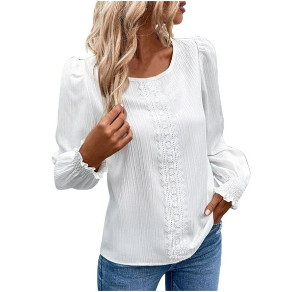TKLPEHG Women's Blouses Crew Neck Lace Patchwork Elegant Shirt Solid Color Loose Long Sleeve T Shirt Fashion Fall Tops Casual Comfy Lightweight Blouses Pullover (White,S)