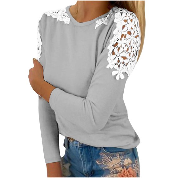 TKLPEHG Women's Blouses Crew Neck Lace Stitching Shirt Fashion Lightweight Long Sleeve T Shirt Loose Fall Tops Solid Color Casual Comfy Blouses Pullover (Gray,M)