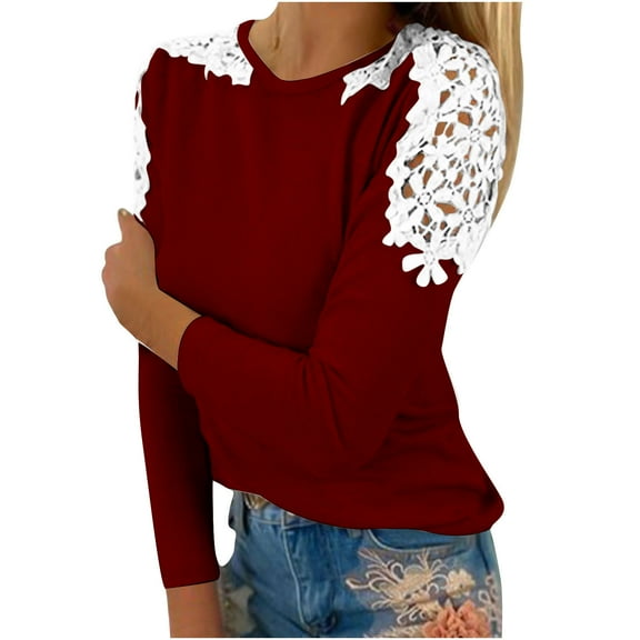 TKLPEHG Women's Blouses Crew Neck Lace Stitching Shirt Fashion Lightweight Long Sleeve T Shirt Loose Fall Tops Solid Color Casual Comfy Blouses Pullover (Wine,L)