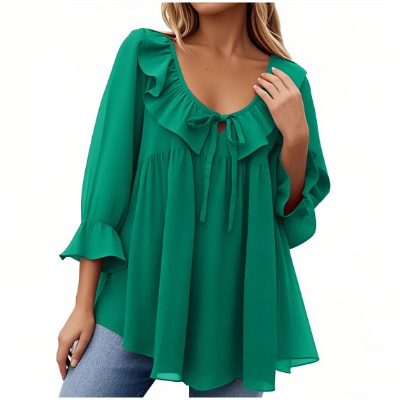 TKLPEHG Women's Blouses Crew Neck Tie Ruffled Pleated Work Shirt Loose Solid Color Fall Tops Comfy Long Sleeve T Shirt Fashion Casual Lightweight Pullover (Green,S)