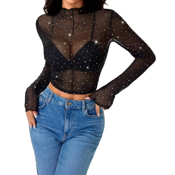 TKLPEHG Women's Blouses Dressy Casual Crew Neck Mesh Transparent Sequin Top Solid Color Comfy Lightweight Loose Fall Tops Long Sleeve T Shirt Fashion Pullover (Black,S)