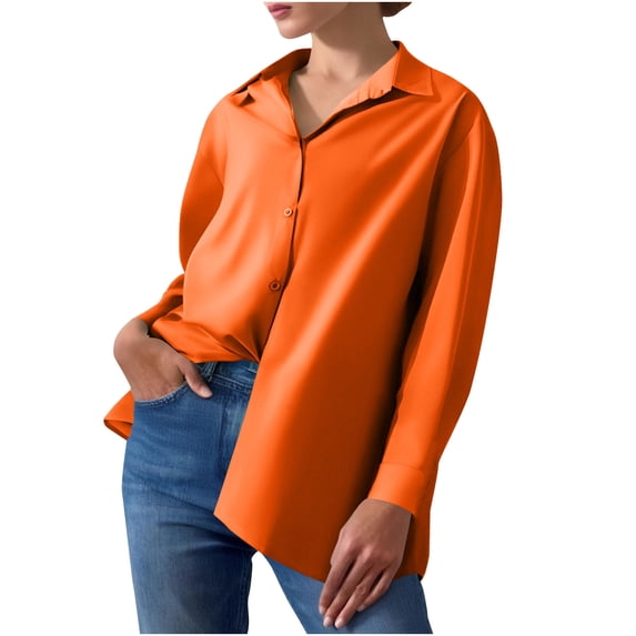 TKLPEHG Women's Blouses Dressy Casual Lapel Button Shirt Lightweight Solid Color Loose Comfy Long Sleeve T Shirt Fashion Fall Tops Pullover (Orange,XL)