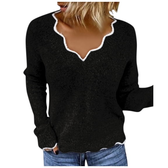 TKLPEHG Women's Blouses Dressy Casual V-Neck Knitted Tops Fall Tops Comfy Long Sleeve T Shirt Loose Fashion Solid Color Lightweight Blouses Pullover (Black,S)