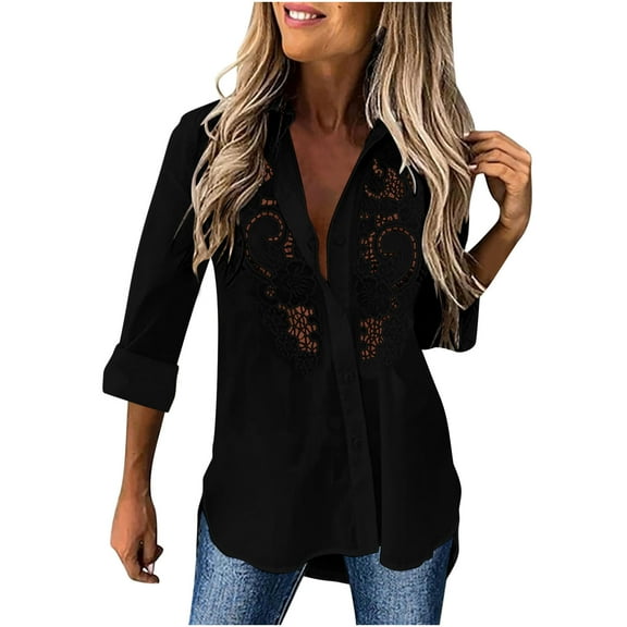 TKLPEHG Women's Button Down Shirts Long Sleeve Dress Shirts Lace Stitching Collared Work Office Solid Blouses Tops (Black,S)