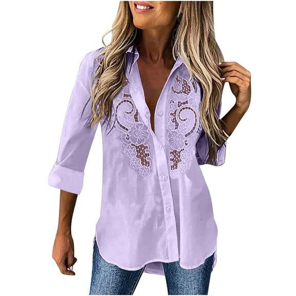 TKLPEHG Women's Button Down Shirts Long Sleeve Dress Shirts Lace Stitching Collared Work Office Solid Blouses Tops (Purple,XL)
