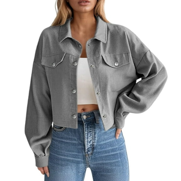 TKLPEHG Women's Cargo Jacket Fall Fashion Cropped Coats Long Sleeve Button Spring Coat for Women (Gray,M)