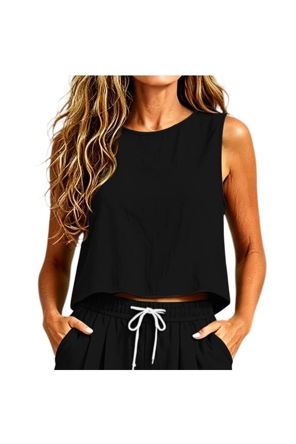 Women's Casual Sleeveless Crop Top Round Neck Loose Fit Blouse Lightweight Cotton Linen Tank for Summer and Loungewear (Black,L)
