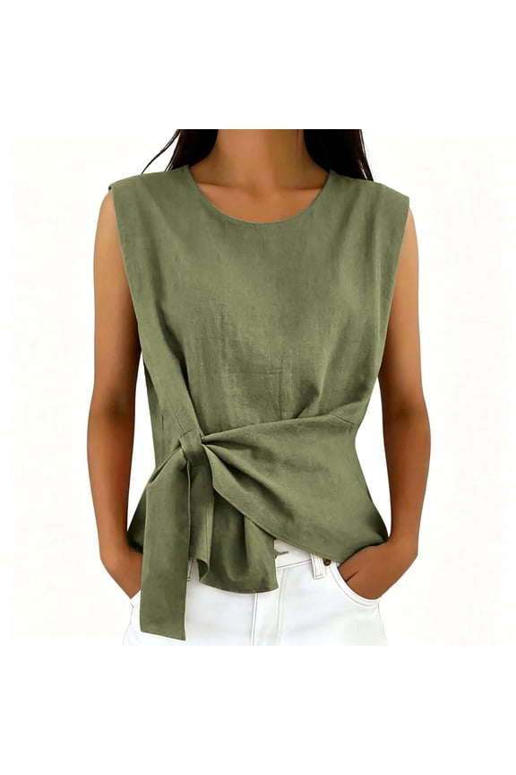 Women's Cotton Linen Sleeveless Wrap Top Round Neck Tie Waist Knot Blouse Casual Loose Fit Tank for Summer Vacation (Army Green,L)