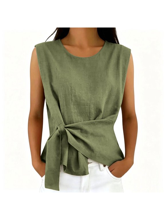 Women's Cotton Linen Sleeveless Wrap Top Round Neck Tie Waist Knot Blouse Casual Loose Fit Tank for Summer Vacation (Army Green,M)