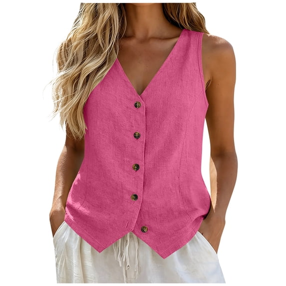 TKLPEHG Women's Cotton Linen V-Neck Vest Button Front Sleeveless Waistcoat Casual Loose Fit Tank for Office and Casual Wear (Hot Pink,XXL)
