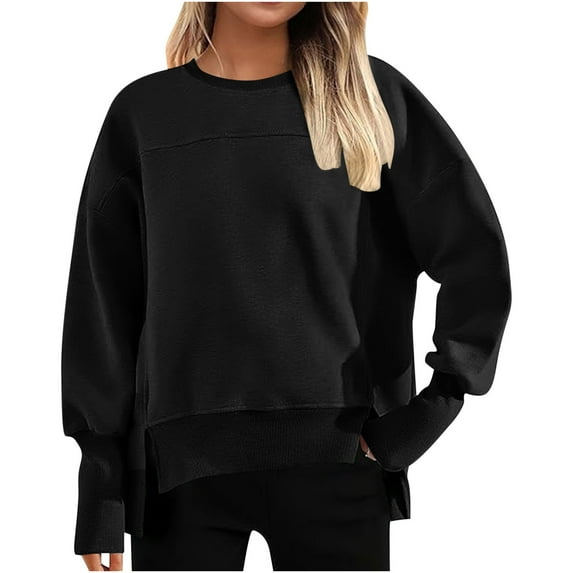 TKLPEHG Women's Crewneck Sweatshirts Casual Spring Fall Clothes Long Sleeve Side Slit Workout Solid Color Pullover Tops (Black,XXL)