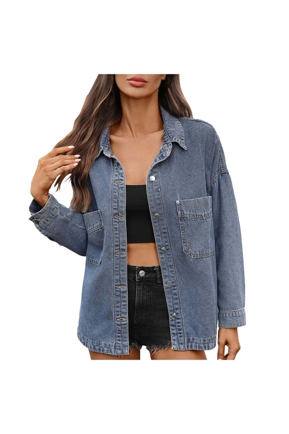 Women's Denim Jackets Casual Long Sleeve Fall Fashion Button Lapel Jean Jacket Comfy Side Split Outerwear (Blue,XL)
