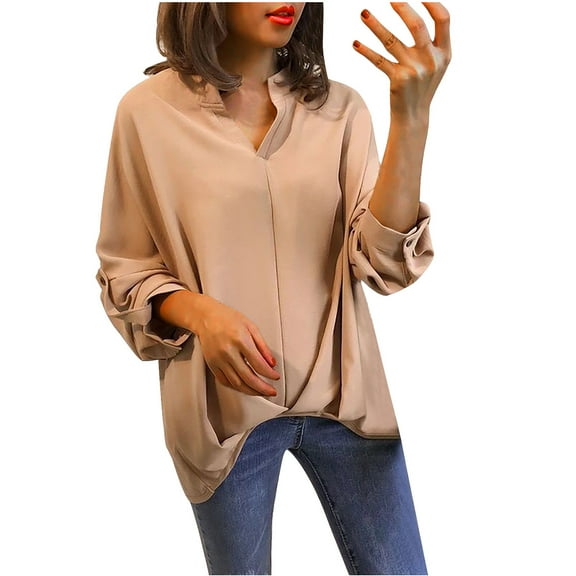 TKLPEHG Women's Dressy Casual Chiffon V Neck Blouse Loose Rolled Long Sleeve Tops High-Low Hem Irregular Pleated Shirts (Khaki,XL)