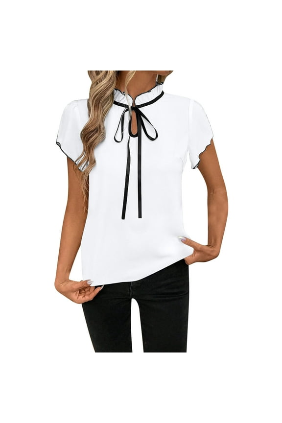 Women's Elegant Bow Front Trim V Neck Shirts Ruffle Short Sleeve Work Office Dressy Shirts Solid Color Comfy Blouses (White,S)