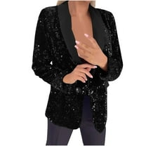 TKLPEHG Women's Evening Sparkle Sequins Open Front Balzers V Neck Long Sleeve Business Casual Blazer Jackets (Black,S)