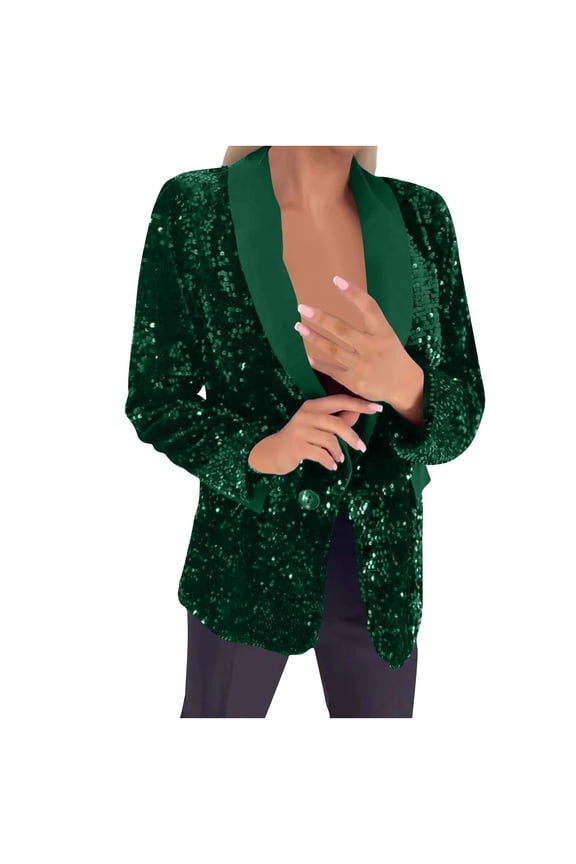Women's Evening Sparkle Sequins Open Front Balzers V Neck Long Sleeve Business Casual Blazer Jackets (Green,L)