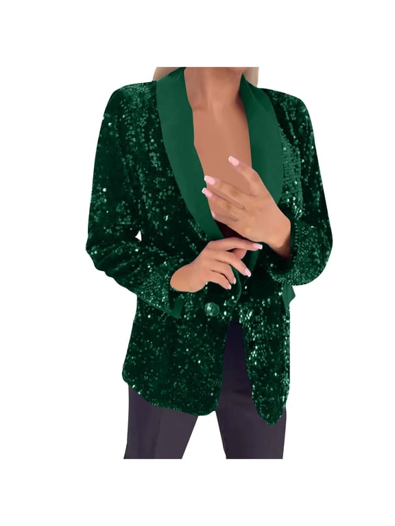 Women's Evening Sparkle Sequins Open Front Balzers V Neck Long Sleeve Business Casual Blazer Jackets (Green,L)