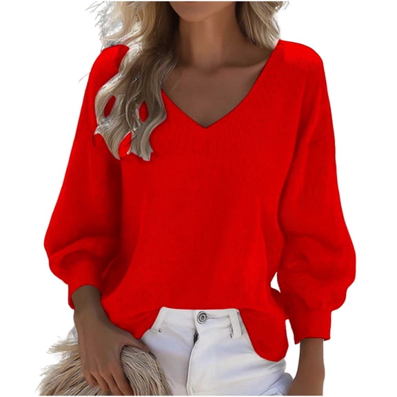 TKLPEHG Women's Fall Fashion Long Sleeve Tops Casual V Neck Comfy Shirts Solid Color Loose Lightweight Going Out Tops Pullover (Red,S)