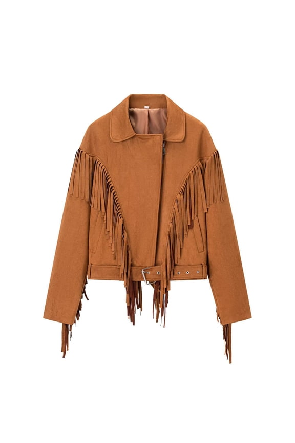 Women's Fringe Leather Jackets Suede Faux Motocycle Biker Cropped Coat Vintage Blazer Fashion Tassel Jacket (Orange,M)