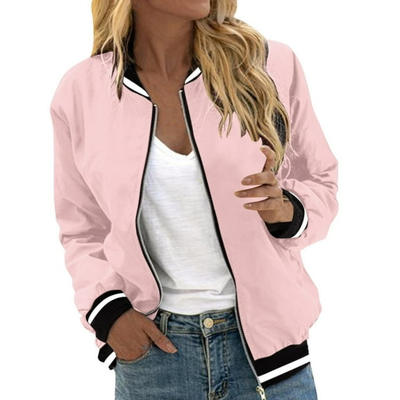 TKLPEHG Women's Full Zip Jackets Color Block Stand Collar Jacket Stylish Fall Coats Loose Outerwear with Pockets (Pink,XXL)