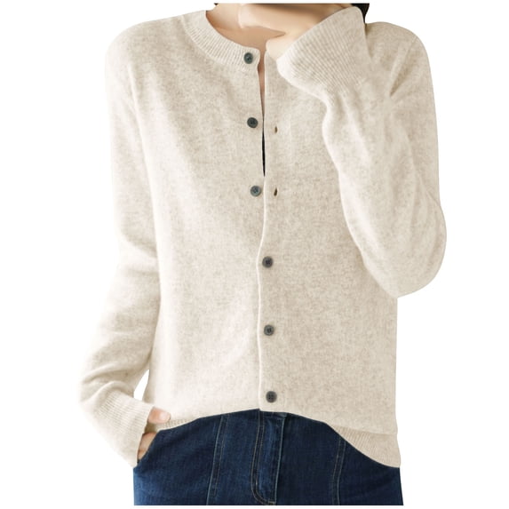 TKLPEHG Women's Knitting Cotton Cardigans Long Sleeve Fall Open Front Button Sweater Crew Neck Solid Outwear (Beige,L)
