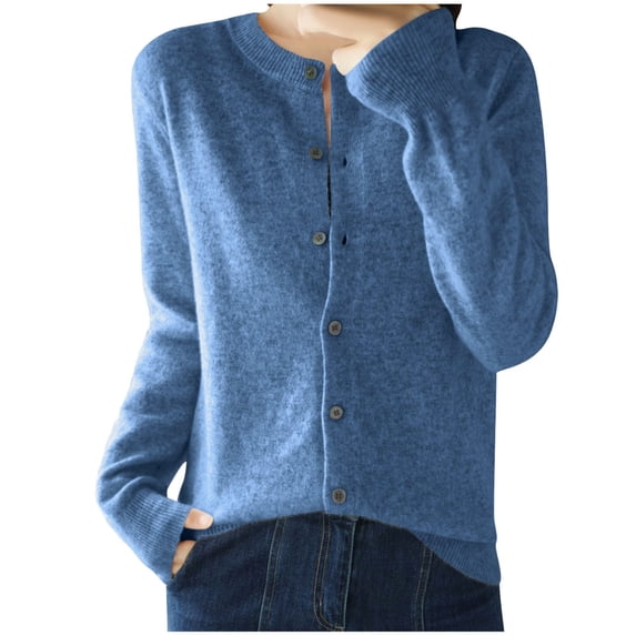 TKLPEHG Women's Knitting Cotton Cardigans Long Sleeve Fall Open Front Button Sweater Crew Neck Solid Outwear (Blue,S)