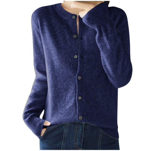 TKLPEHG Women's Knitting Cotton Cardigans Long Sleeve Fall Open Front Button Sweater Crew Neck Solid Outwear (Dark Blue,S)