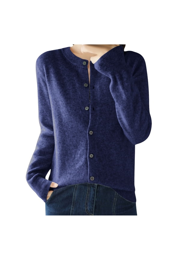 Women's Knitting Cotton Cardigans Long Sleeve Fall Open Front Button Sweater Crew Neck Solid Outwear (Dark Blue,S)