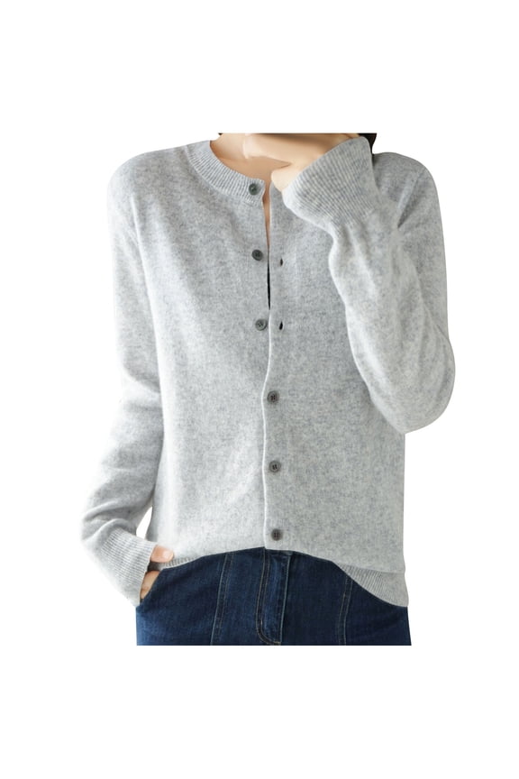 Women's Knitting Cotton Cardigans Long Sleeve Fall Open Front Button Sweater Crew Neck Solid Outwear (Gray,L)