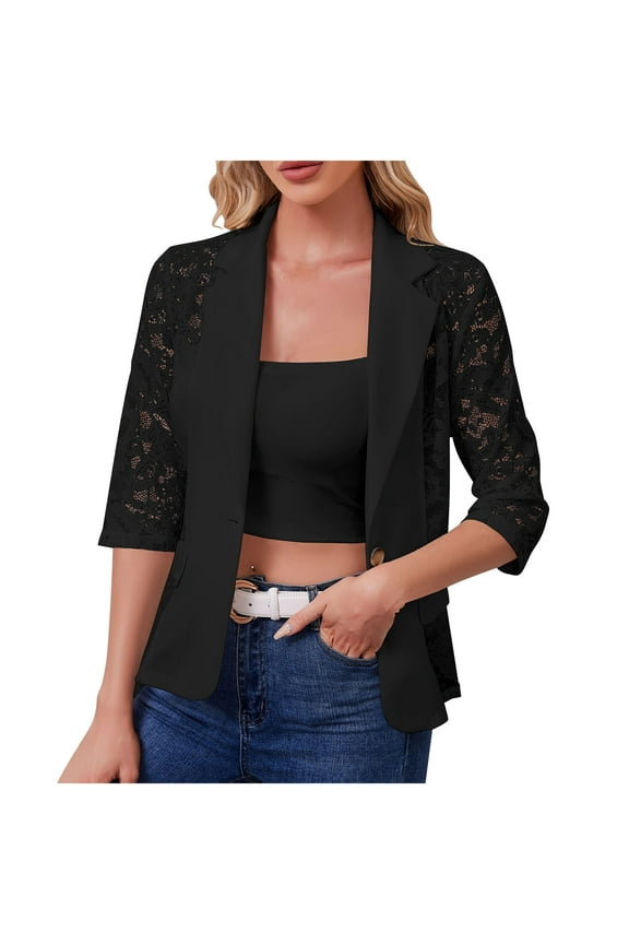 Women's Lace Single Button Open Front Jacket 3/4 Sleeve Lapel Neck Sheer Elegant Casual Blazer Jacket (Black,XL)