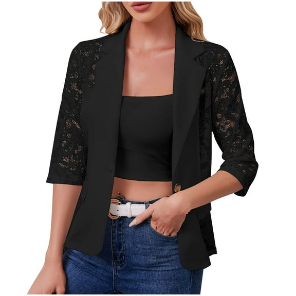 TKLPEHG Women's Lace Single Button Open Front Jacket 3/4 Sleeve Lapel Neck Sheer Elegant Casual Blazer Jacket (Black,XXL)