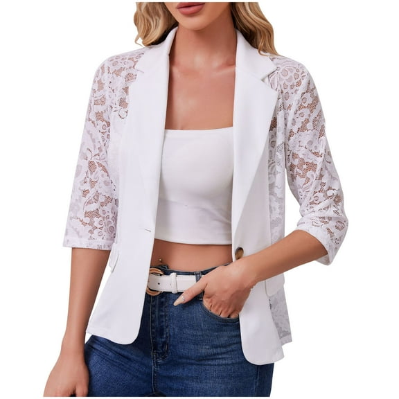 TKLPEHG Women's Lace Single Button Open Front Jacket 3/4 Sleeve Lapel Neck Sheer Elegant Casual Blazer Jacket (White,L)