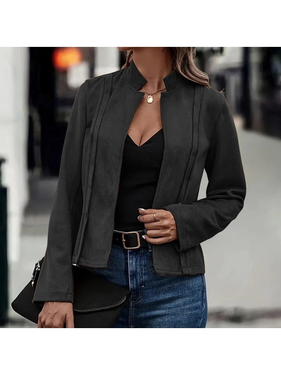Women's Leather Cropped jackets Casual Vintage Zip Up Stand Collar Motorcycle Short Coat Jacket (Black,S)