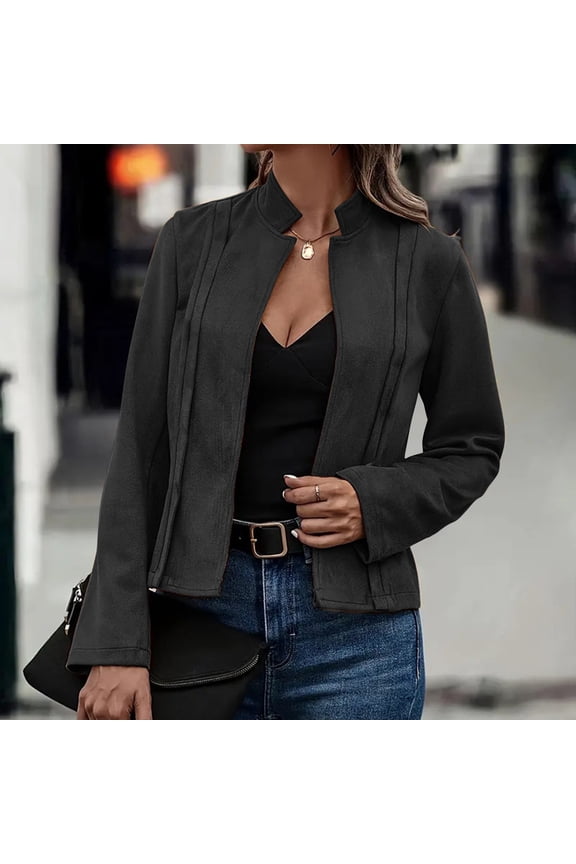 Women's Leather Cropped jackets Casual Vintage Zip Up Stand Collar Motorcycle Short Coat Jacket (Black,S)