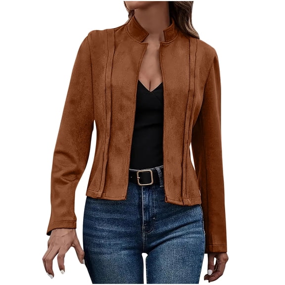 TKLPEHG Women's Leather Cropped jackets Casual Vintage Zip Up Stand Collar Motorcycle Short Coat Jacket (Brown,L)
