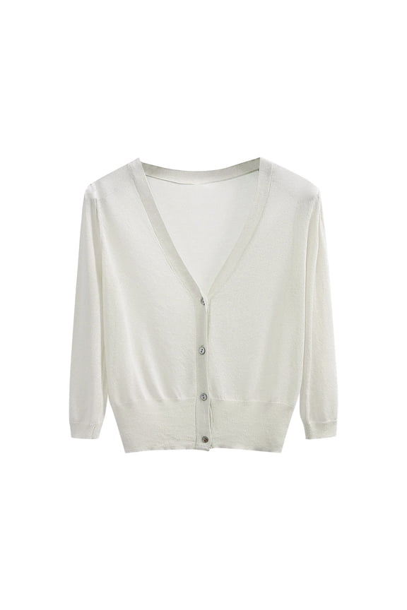 Women's Lightweight Knit Cardigan, V-Neck Button Up Sheer Cropped Sweater for Summer Layering