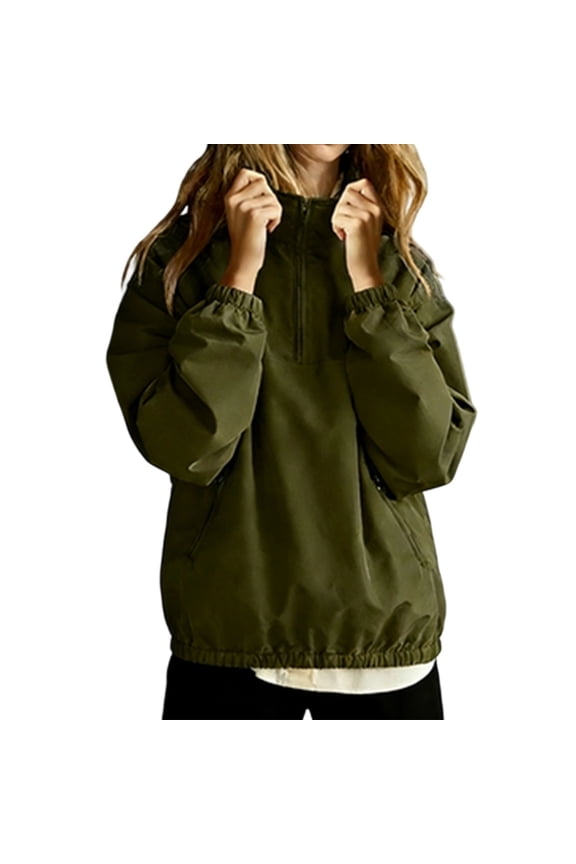 Women's Long Sleeve Shirt Zipper Pullover Windbreaker Mountaineering Jacket Soft Solid Color Spring Lightweight Crew Neck Ladies Tops Pullover (Army Green,L)