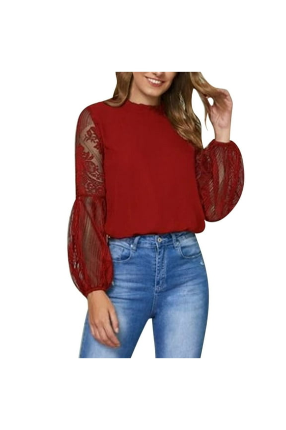 Women’s Long Sleeve Tops Lace Casual Loose Blouses T Shirts Round Neck Casual Elegant Shirts Fashion Womens Clothes (Wine,XXL)