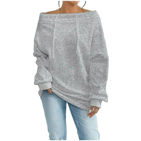 TKLPEHG Women's Off The Shoulder Sweatshirts Solid Color Casual Drawstring Oversized Sweatshirt Y2k Long Sleeve Fall Pullover Tops (Gray,S)