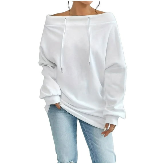 TKLPEHG Women's Off The Shoulder Sweatshirts Solid Color Casual Drawstring Oversized Sweatshirt Y2k Long Sleeve Fall Pullover Tops (White,S)