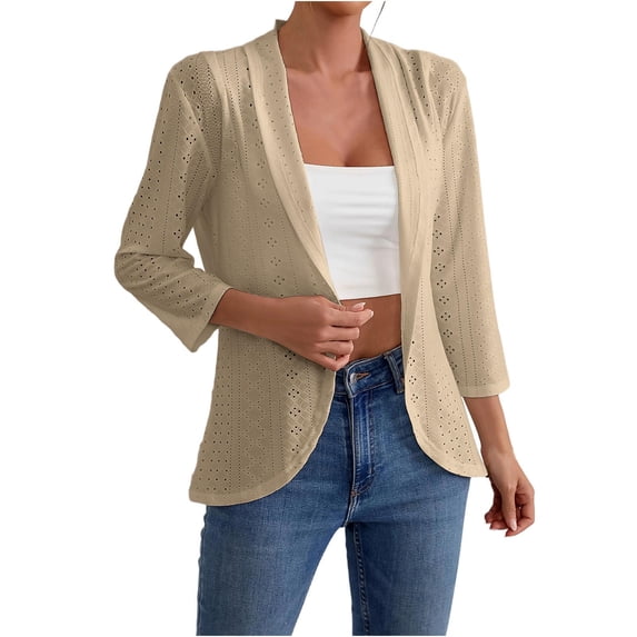 TKLPEHG Women's Open Front 3/4 Sleeve Soft Ccasual Comfy Eyelet Cardigan Jacket (Beige,M)