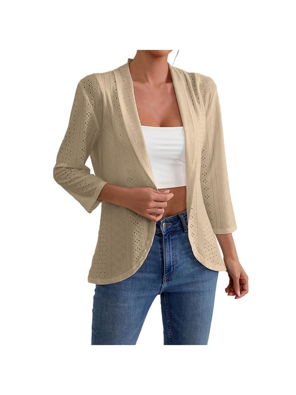 Women's Open Front 3/4 Sleeve Soft Ccasual Comfy Eyelet Cardigan Jacket (Beige,XL)