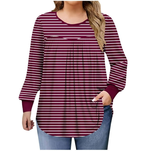 TKLPEHG Women's Plus Size Striped Print Casual Tops Long Sleece Comfy Crewneck Pleated Tunic Shirts Going Out Fashion Shirts (Wine,L)