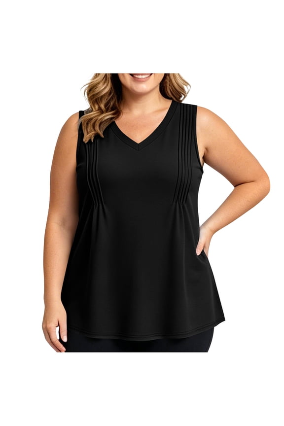 Women's Plus Size V-Neck Tank Top Pleated Front Flowy Sleeveless Blouse Casual Loose Fit Top with Side Pockets (Black,L)