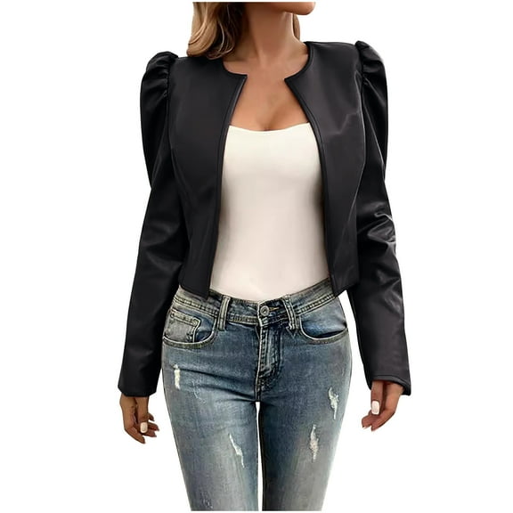 TKLPEHG Women's Puff Sleeve Cropped Jacket Faux Leather Casual Blazer Long Sleeve Open Front Cardigan (Black,XL)