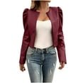 thumbnail image 1 of TKLPEHG Women's Puff Sleeve Cropped Jacket Faux Leather Casual Blazer Long Sleeve Open Front Cardigan (Wine,M), 1 of 8