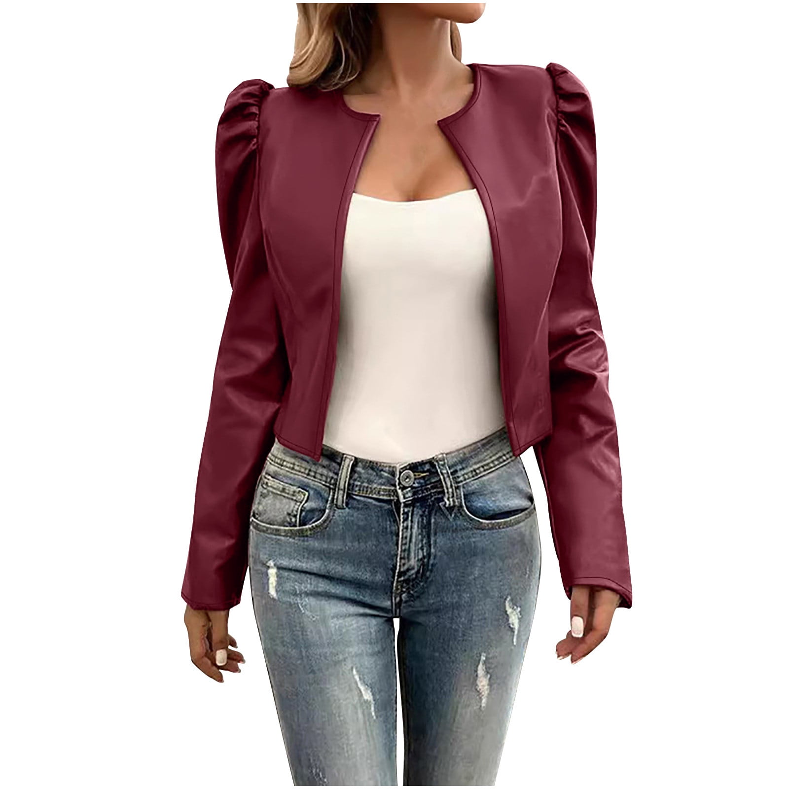 TKLPEHG Women's Puff Sleeve Cropped Jacket Faux Leather Casual Blazer Long Sleeve Open Front Cardigan (Wine,S)