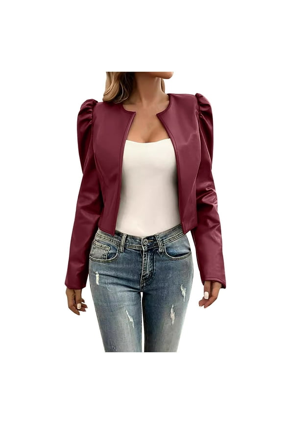 Women's Puff Sleeve Cropped Jacket Faux Leather Casual Blazer Long Sleeve Open Front Cardigan (Wine,XL)
