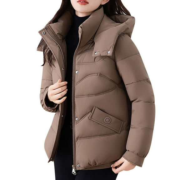 TKLPEHG Women's Puffer Jacket Winter Warm Cropped Puffer Coat Long Sleeve Hooded Down Jacket Casual Thickened Coats with Pockets Outerwear (Coffee,M)