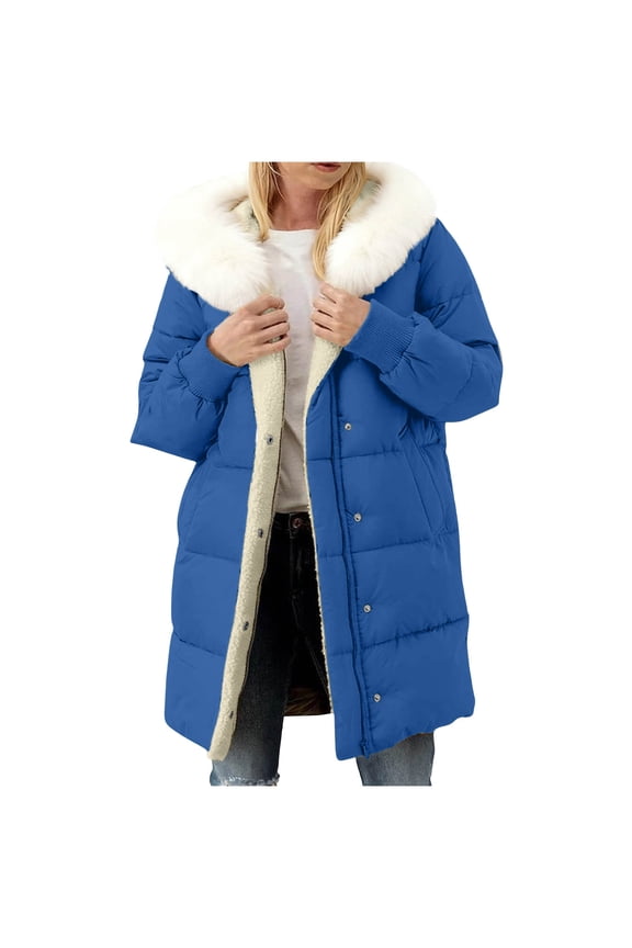Women's Puffer Jackets Zipper Long Sleeve Button Hooded Down Jacket Sherpa Fleece Lined Thickened Jacket Winter Warm Down Coat (Blue,XXXL)